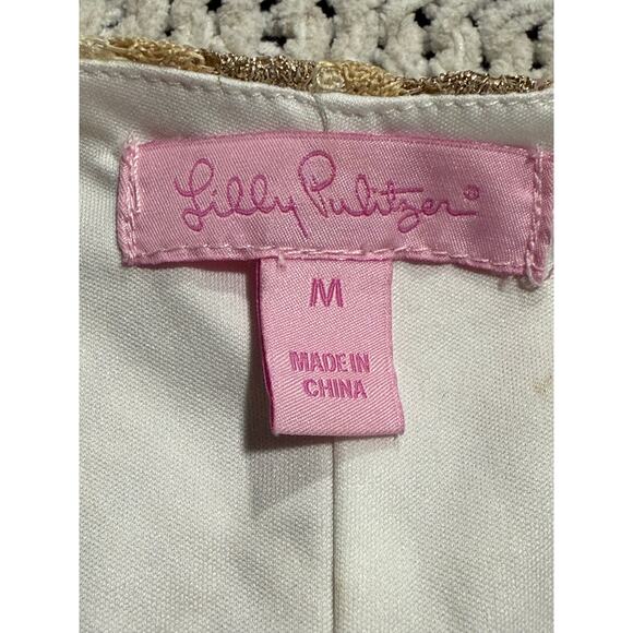 Lilly Pulitzer Jade Chevron Cocktail Dress Geo Lace Womens Size Medium Tan Gold - Picture 2 of 11